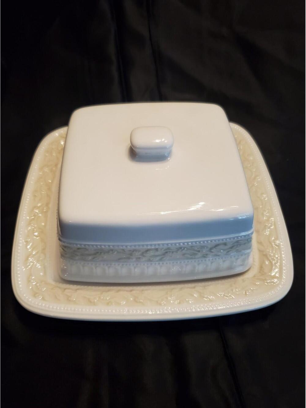 Signature LOURDES Large Square Lidded Butter Dish Off White Cream Embossed